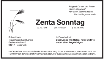 Traueranzeige von Zenta Sonntag von Pegnitz-Zeitung